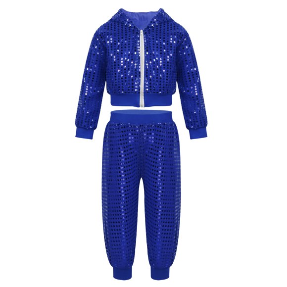 Sinleey Kids Girls Boys Sequins Hip Hop Dance Clothes Street Dancing Outfits Long Sleeve Hooded Tops Jogger Pants Set Blue 160