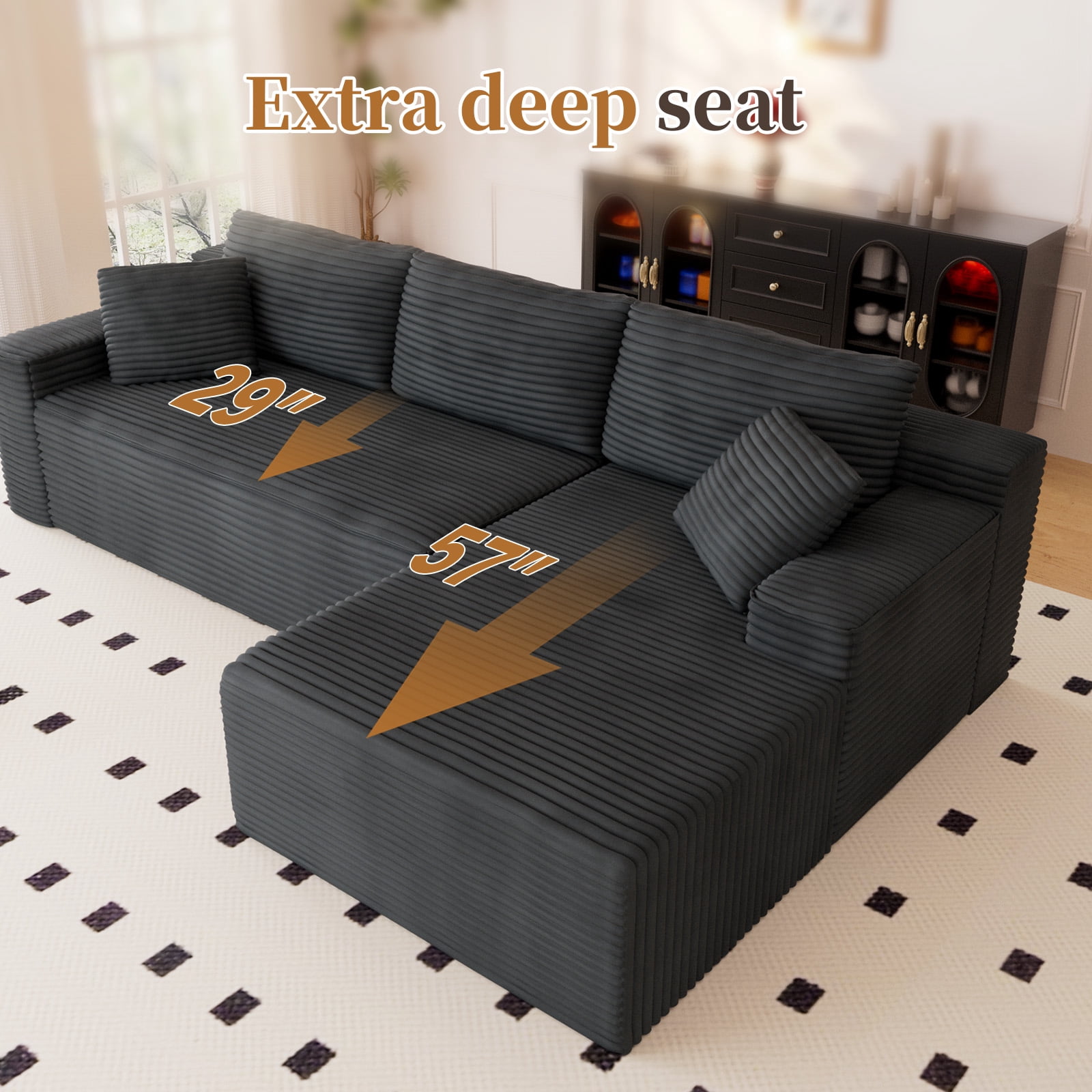 Lunale 105" Modular L-Shaped Sectional Sofa, Boneless Cloud Couch, No Assembly Required, Modern Deep Seat Corduroy Sofa for Living Room, Dark Gray (Right Facing Chaise)