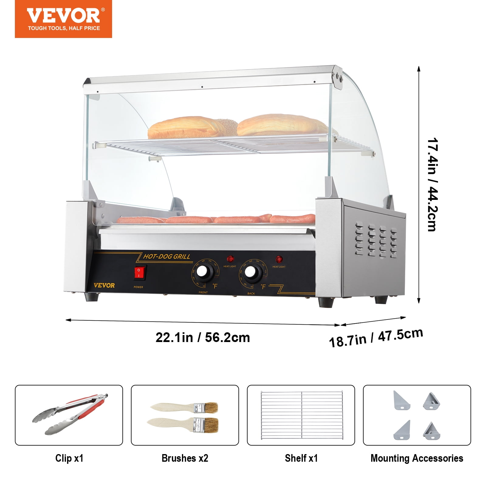 VEVOR Hot Dog Roller,11 Rollers 30 Hot Dogs Capacity, 1650W Stainless Sausage Grill Cooker Machine with Dual Temp Control Glass Hood Acrylic Cover Bun Warmer Shelf Removable Drip Tray, ETL Certified