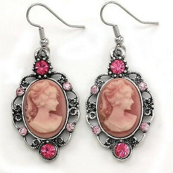 Classic Antique Vintage Style Retro Design Light Pink Cameo Dangle Earrings o1