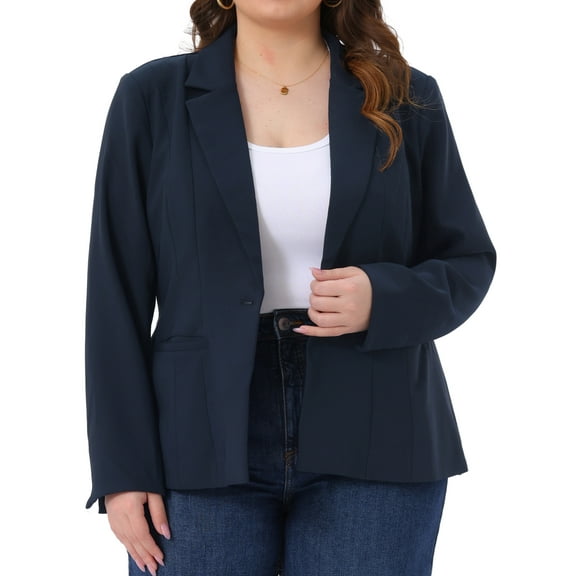 DARING DIVA Women's Plus Long Sleeve Notched Lapel Business Blazer Navy Blue 1X