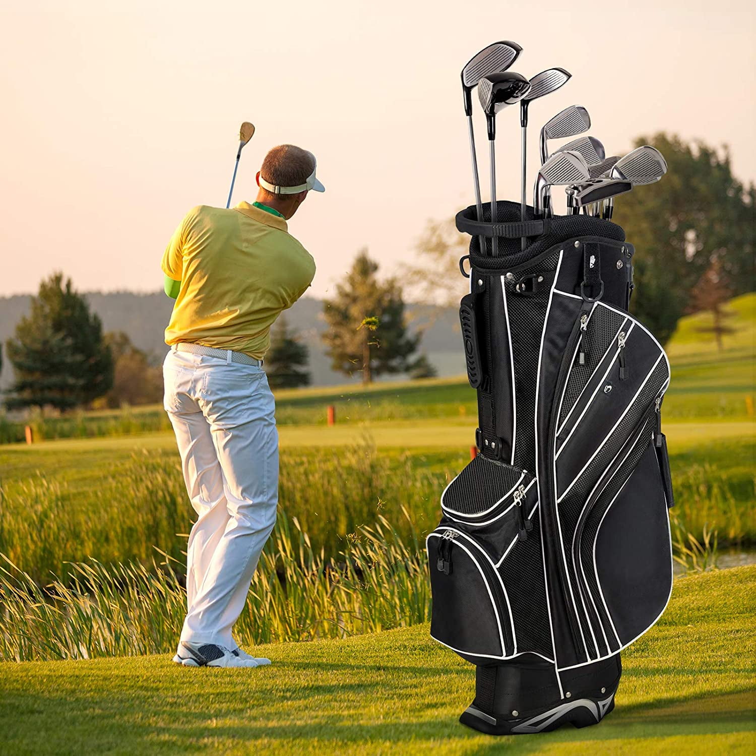 Golf Stand Bag with 6 Way Top Dividers, Lightweight Golf Bag with Adjustable Dual Strap & 8 Pockets, Waterproof Rain Hood, Portable for Men Women