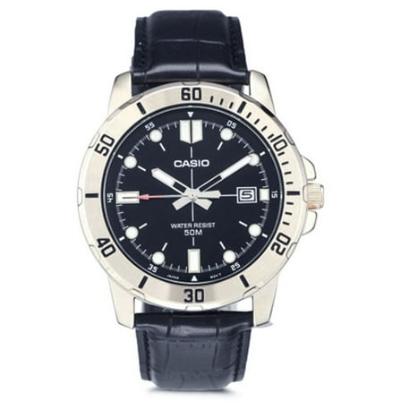 Mens Analog Black Steel Dial and Gold Ion Plated Case Leather Black Band Water Resistant Watch MTP-VD01GL-1EVUDF