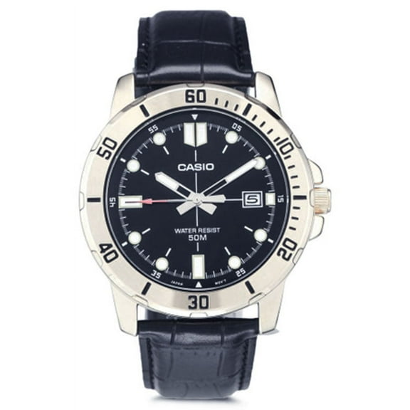 Mens Analog Black Steel Dial and Gold Ion Plated Case Leather Black Band Water Resistant Watch MTP-VD01GL-1EVUDF