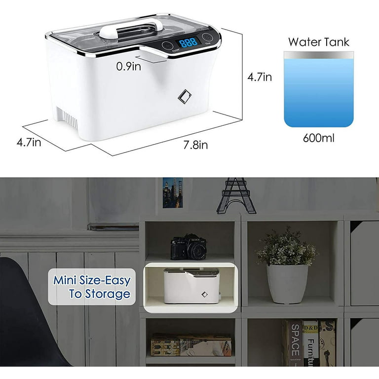 Life Basis Ultrasonic Jewelry Cleaner Ultrasonic Cleaner Machine Portable  600ML Touch Control, with Watch Holder White CDS-100