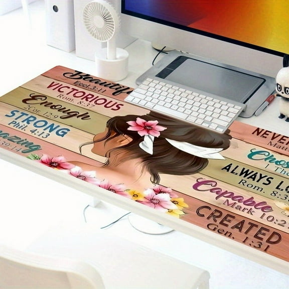 Inspirational Bible Verse Mouse Pad - 31.5"x11.8 Inch Non-Slip Rubber Desk Mat with Ergonomic Design, Soft & Comfortable for Gaming, Office, and Precision Work, Featuring "Victorious," "Strong,"
