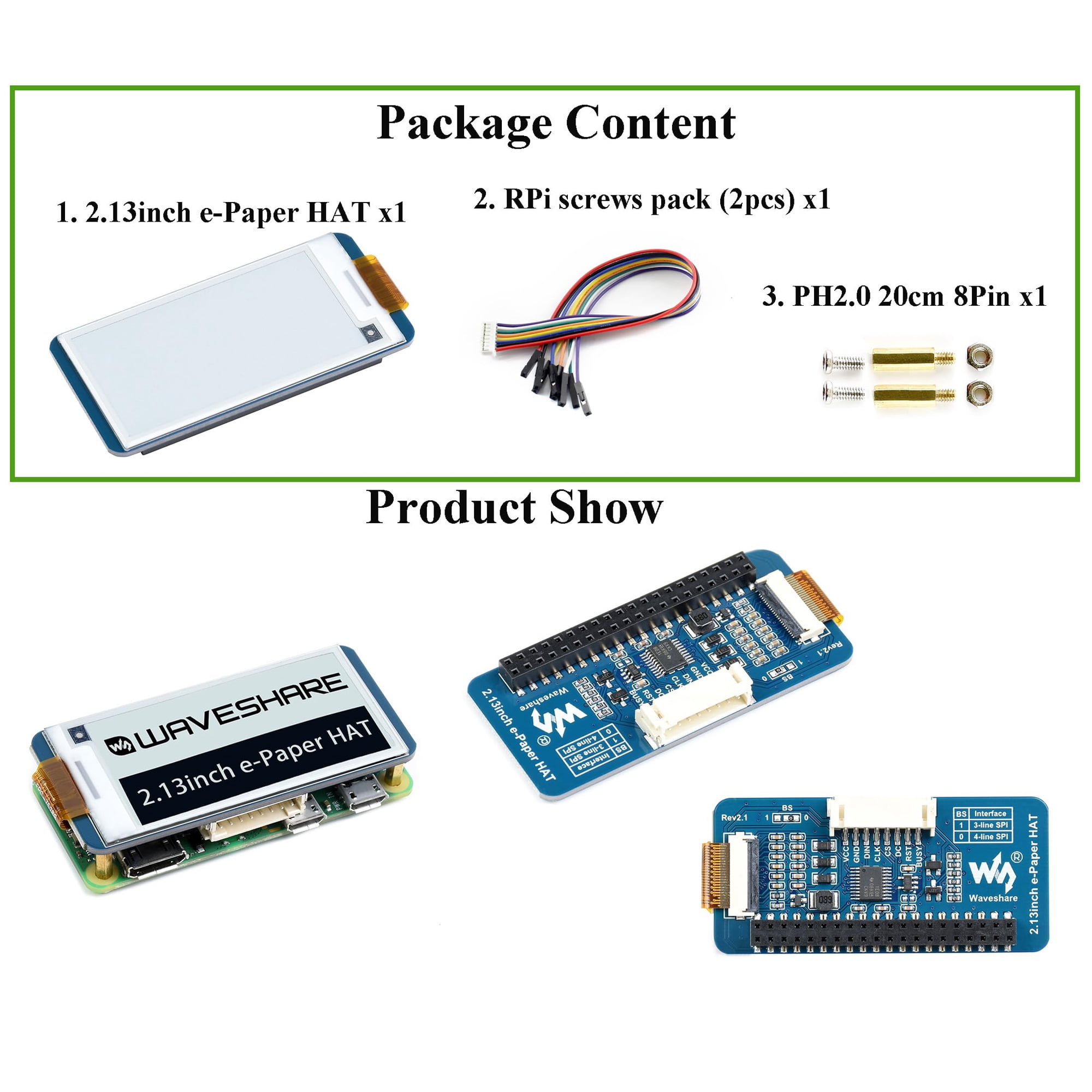 2.13-inch E-Paper Display HAT for Raspberry Pi – 250×122 Resolution, SPI Interface, E-Ink Screen
