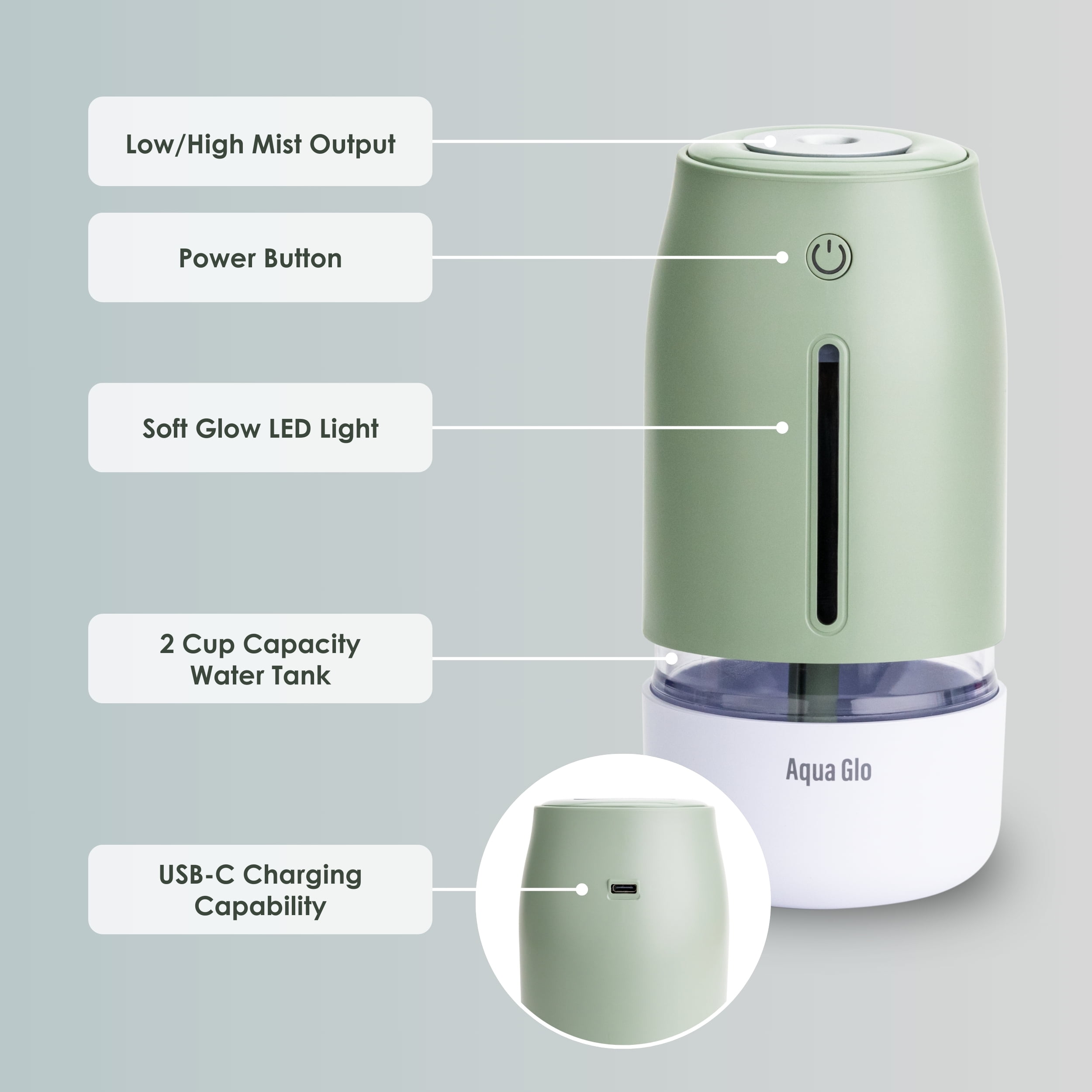 Airvana Aqua Glo Personal, Portable Humidifiers for Bedroom – Ultrasonic Cool Mist Humidifier with Built In Rechargeable Battery. Air Humidifier for Baby, Plants, Home, Office, Travel. Mint Green