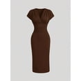 thumbnail image 4 of Women Deep V Neck Short Sleeve Midi Dress Ruched Waist Bodycon Dress for Office Date Party Dinner, 4 of 9