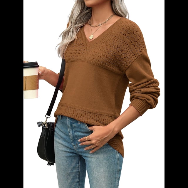 Suéter Informal de Larga con Cuello en V, Tejido Acanalado y Crochet Ligero para Mujer (Otoño 2025) Color Café L