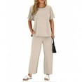 thumbnail image 2 of Women Solid Two Piece Sets, Summer Loungewear Vacation Travel Outfits Short Sleeve V Neck T-Shirt Wide Leg Pants Suits Summer Outfits for Lady Beige M, 2 of 9