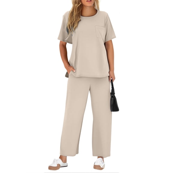 Facnwert Women Fall Outfits Fashion Two Piece Sets For Women Summer Tracksuit Vacation Travel Outfits V Neck Lounge Matching Sets