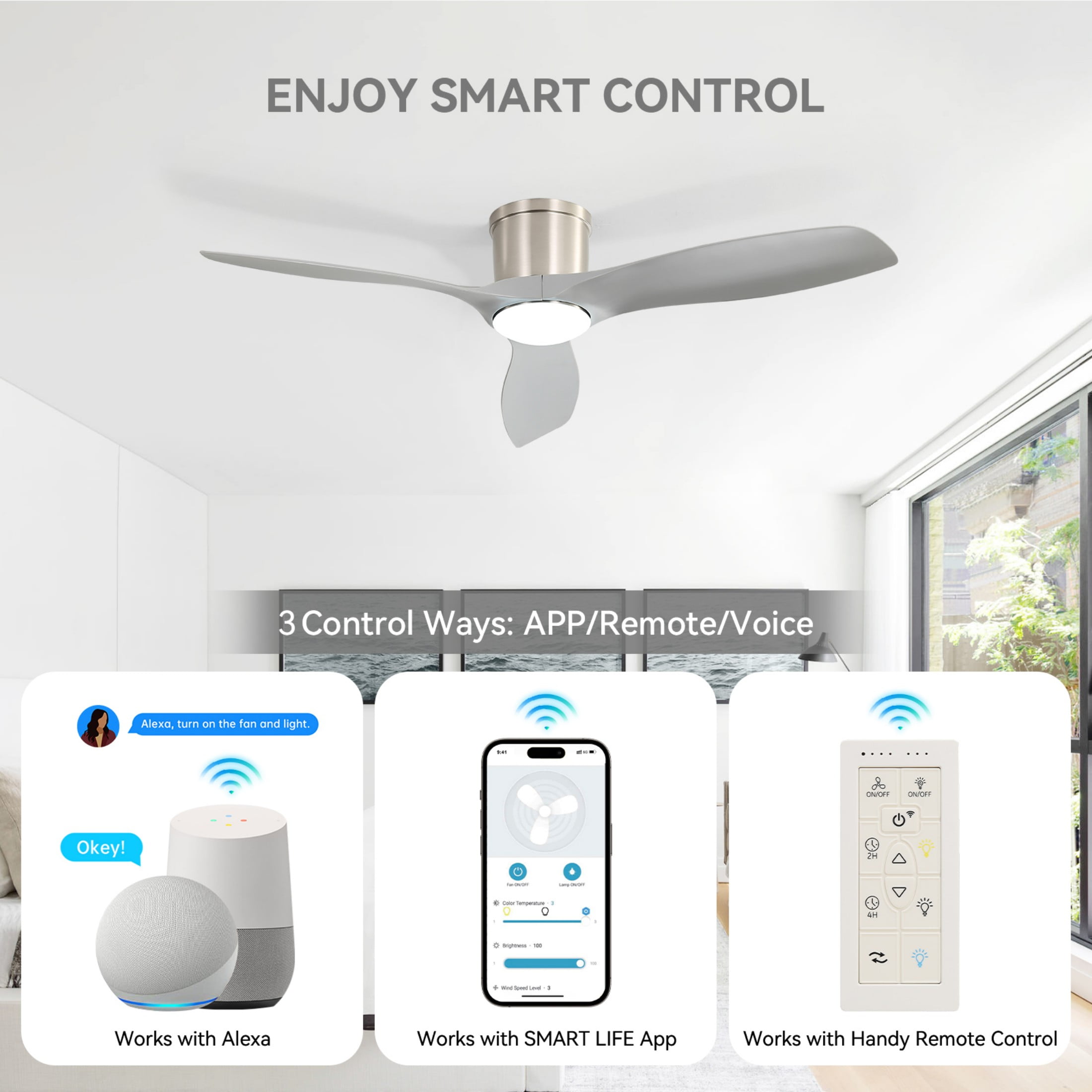 Sofucor 52-Inch Flush Mount Silver Ceiling Fan with Integrated LED Light and Remote Control,Smart Ceiling Fan and APP Control