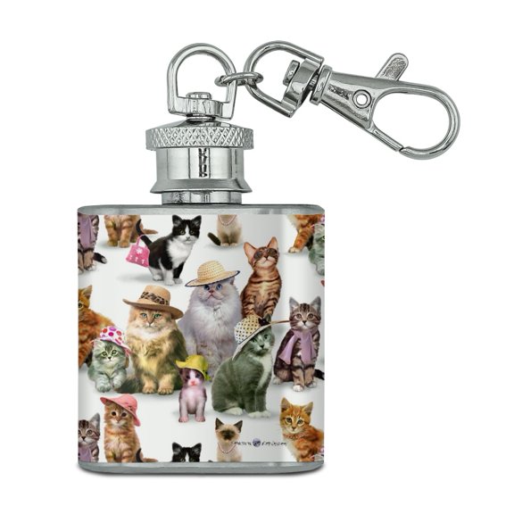Cats Kittens in Hats Pattern Stainless Steel 1oz Mini Flask Key Chain