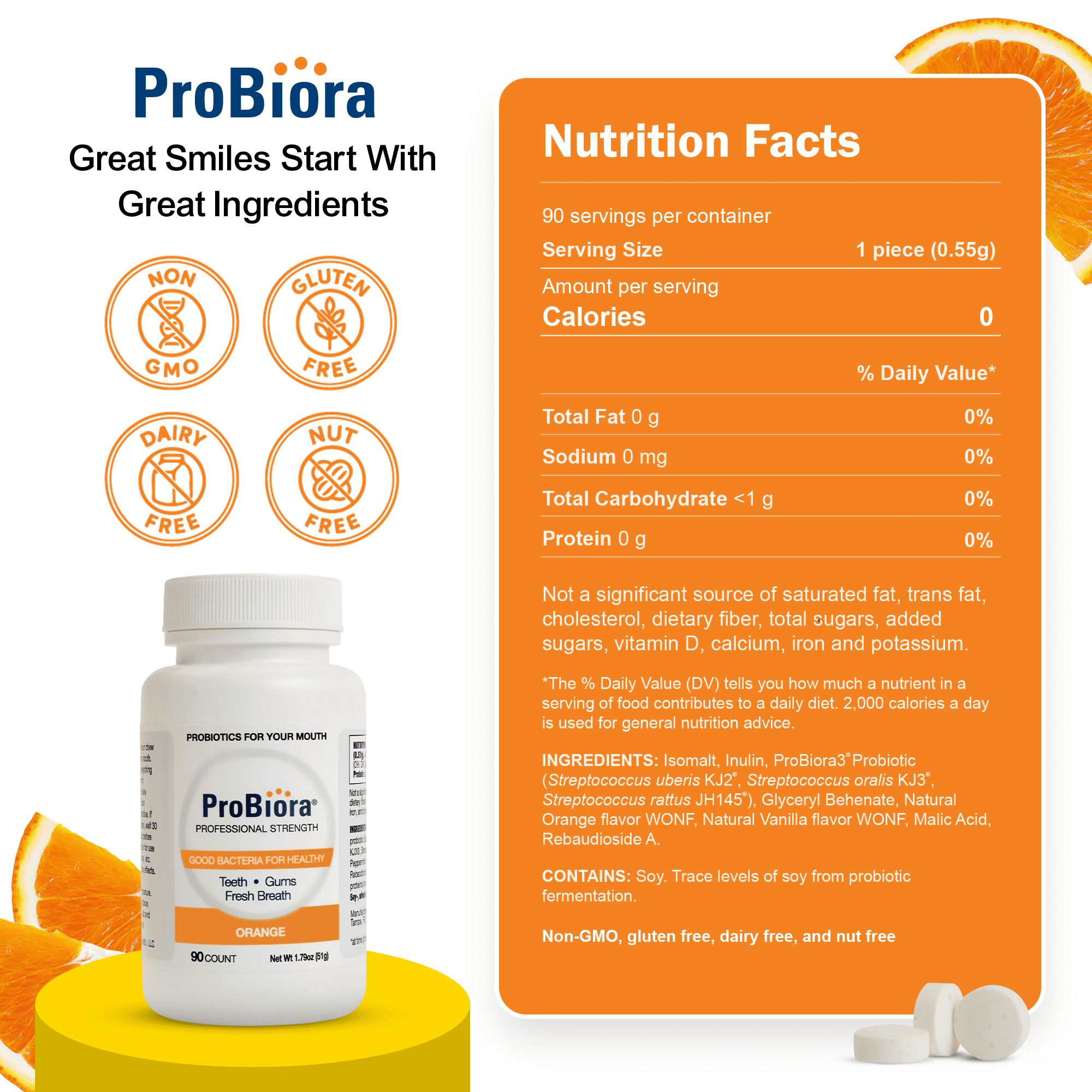 ProBiora Health Oral Probiotic Mints, Orange, 90 Tablets, Adult, No Artificial Flavors