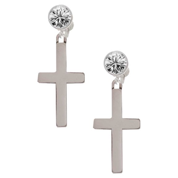 Stainless Steel 1.3" Cross - Clear Crystal Clip On Earrings
