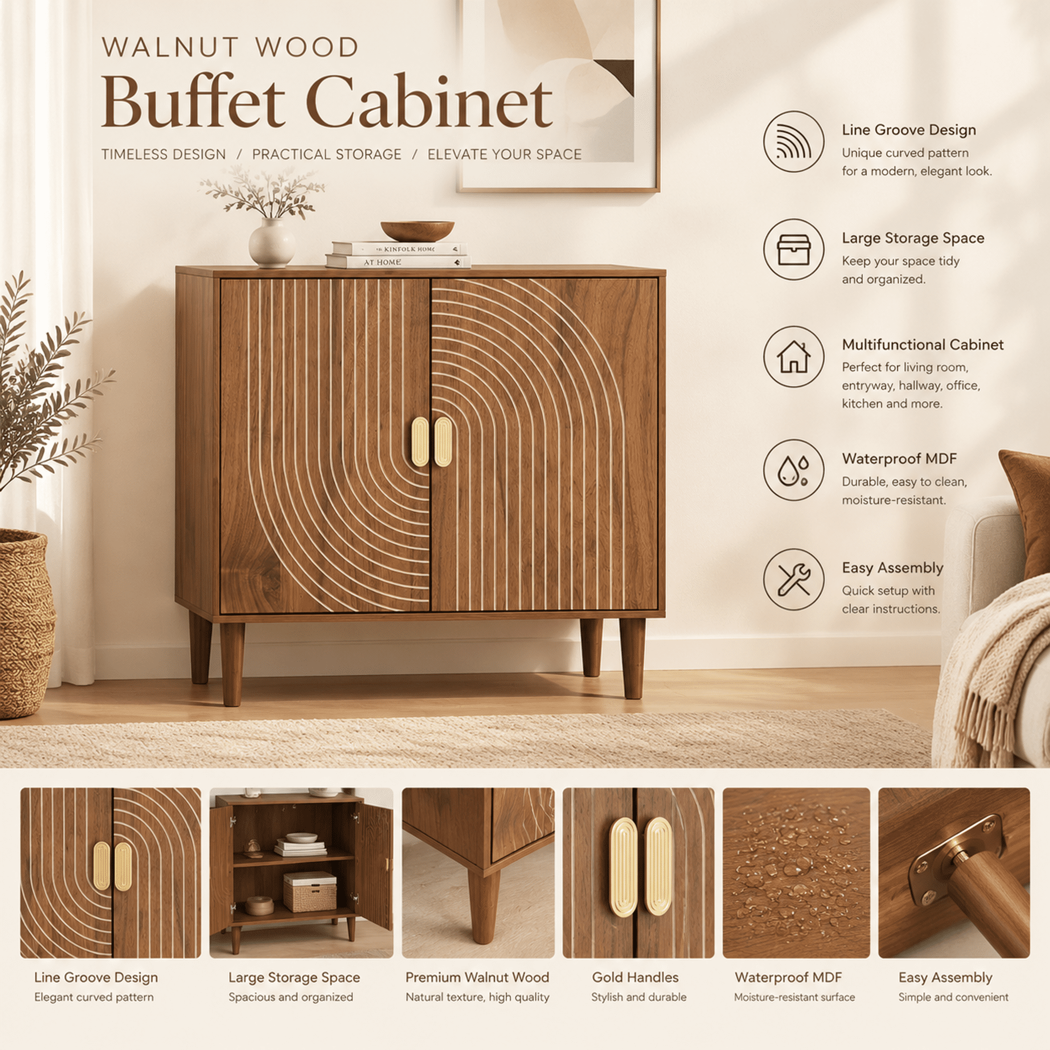 Buffet Cabinet with Line Groove Design, Sideboard Buffet Cabinet With Storage, Multifunctional Accent Cabinet for Living Room, Entryway, Hallway, Office, Kitchen, Walnut Wood