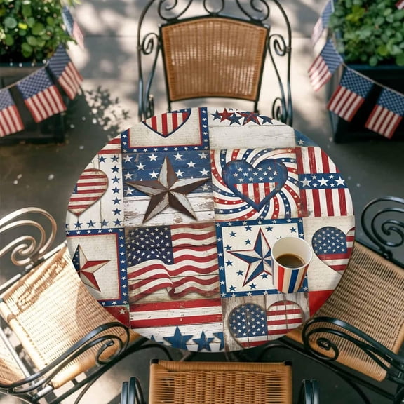 Round Fitted Tablecloth with Elastic Edged, 250th Anniversary Patriotic Patchwork Fitted Circle Tables Cover Wipeable Waterproof Table Cloth for Indoor Outdoor Use Tabletop Decor Hearts Stars Flags