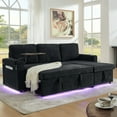 thumbnail image 2 of 85" Sleeper Sofa, Sectional Couch with Storage Chaise, L Shaped Couch with Retractable Table, Cup Holders, LED and USB, Pull Out Sofa for Living Room Bedroom Apartment(Chenille, Black), 2 of 9