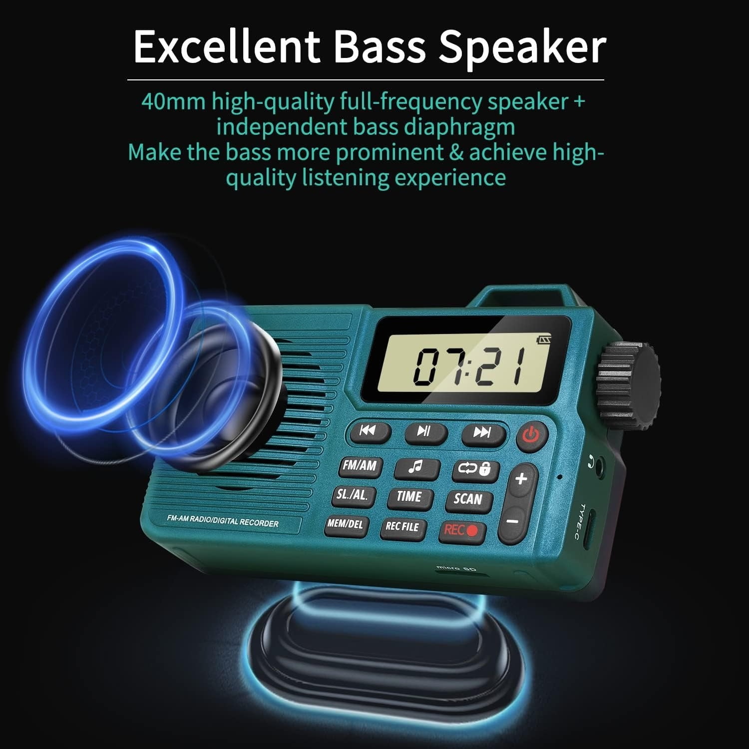 Portable AM/FM Radio with Bluetooth Speaker, Recording, Alarm Clock, and Long Battery Life | Compact Design for Home, Outdoor, and Travel