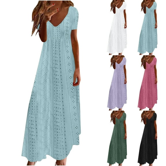 Hrsba Summer Plus Size Dress,Women Casual Holiday Style Hollow Out Long Dress Solid Color Loose Short Sleeve-Neck Camisole Dress,Womens Casual Camis Sleeveless V-Neck Dress