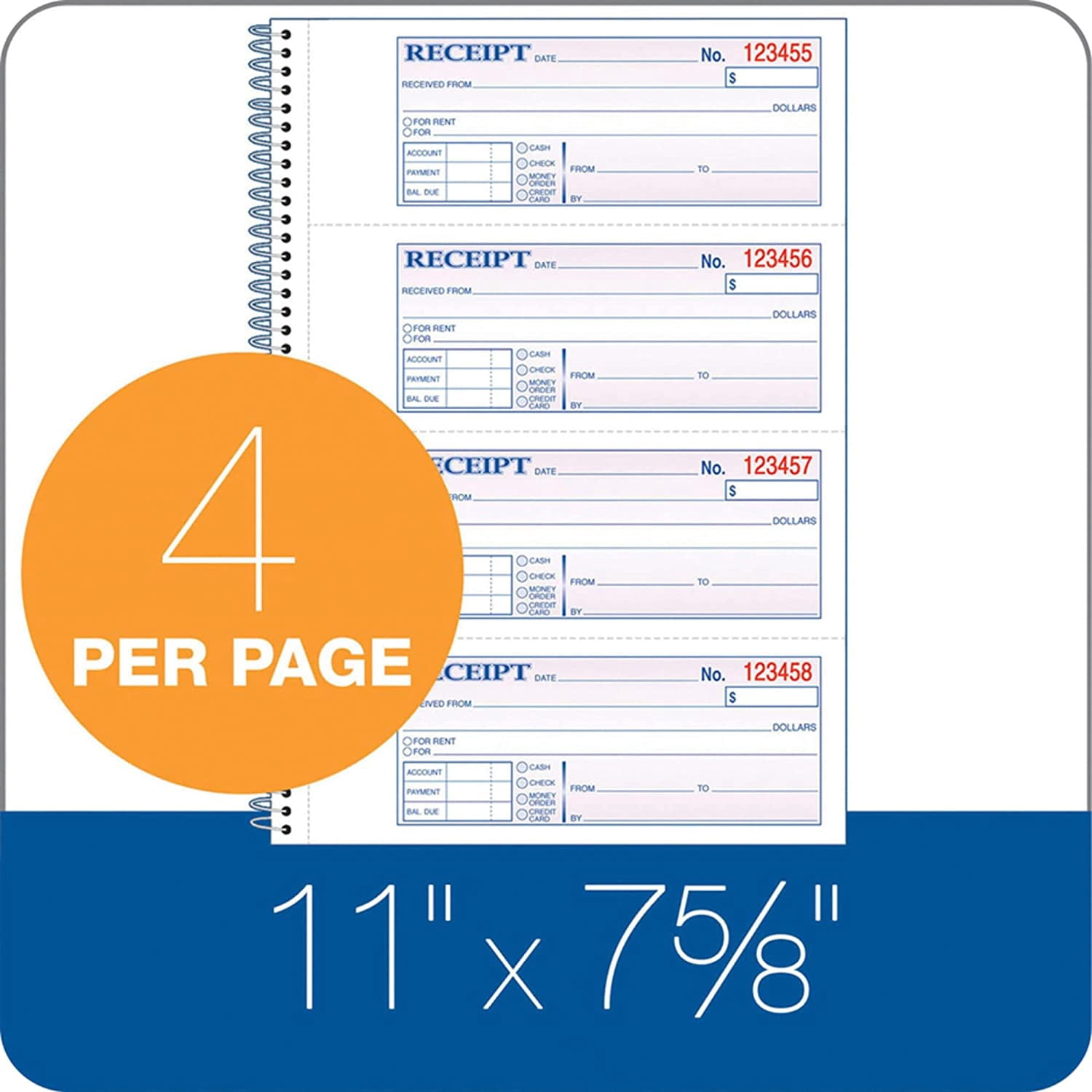 Carbonless 2-Part Spiral Money/Rent Receipt Book, 7 5/8in. x 11in., Book of 200 Sets, SC1182