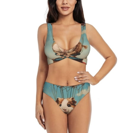 Zeuib Hot Air Balloon Guinea Pig High Waisted Tummy Control Bikini Set - Knot Front Push Up Top & Cheeky Thong Bottom  Two-Piece Swimsuit for Women-Large