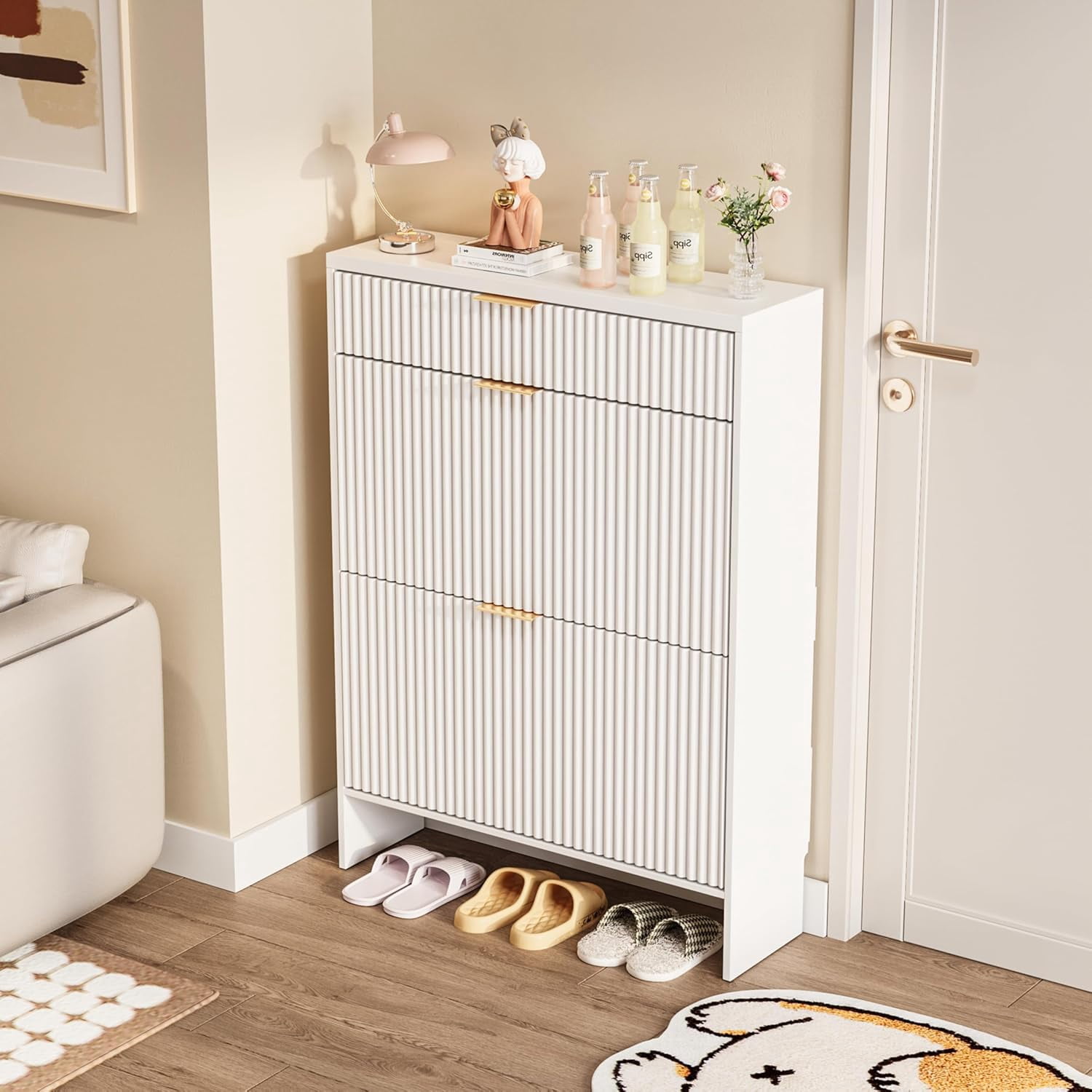Howcool Fluted Entryway Shoe Cabinet with 2 Flip Drawers, Wood Narrow Freestanding Shoe Storage, White