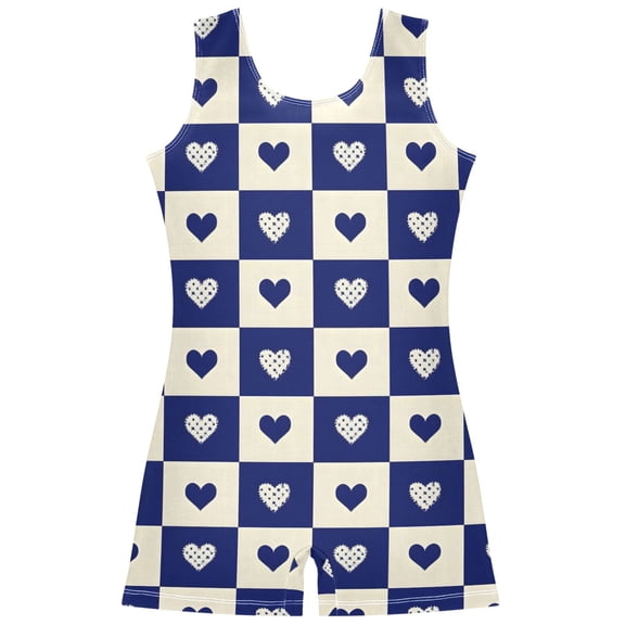 Gymnastics Leotard Sleeveless Blue White Heart Stretchy Dance Bodysuit Breathable Athletic Ballet Yoga Outfit for Ages 3-14