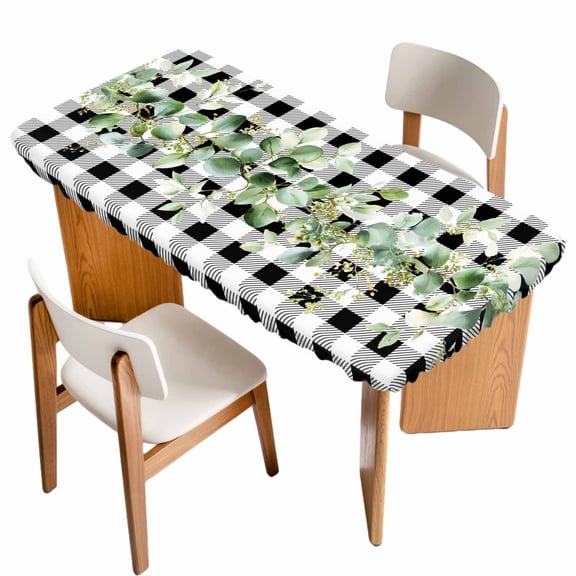 Green Eucalyptus Leaves Table Cloths for 6 Foot Rectangle Tables, Black White Plaid Farmhouse Watercolor Patio Waterproof Elastic Fitted Tablecloths, Washable Rectangular Table Cover for Camping