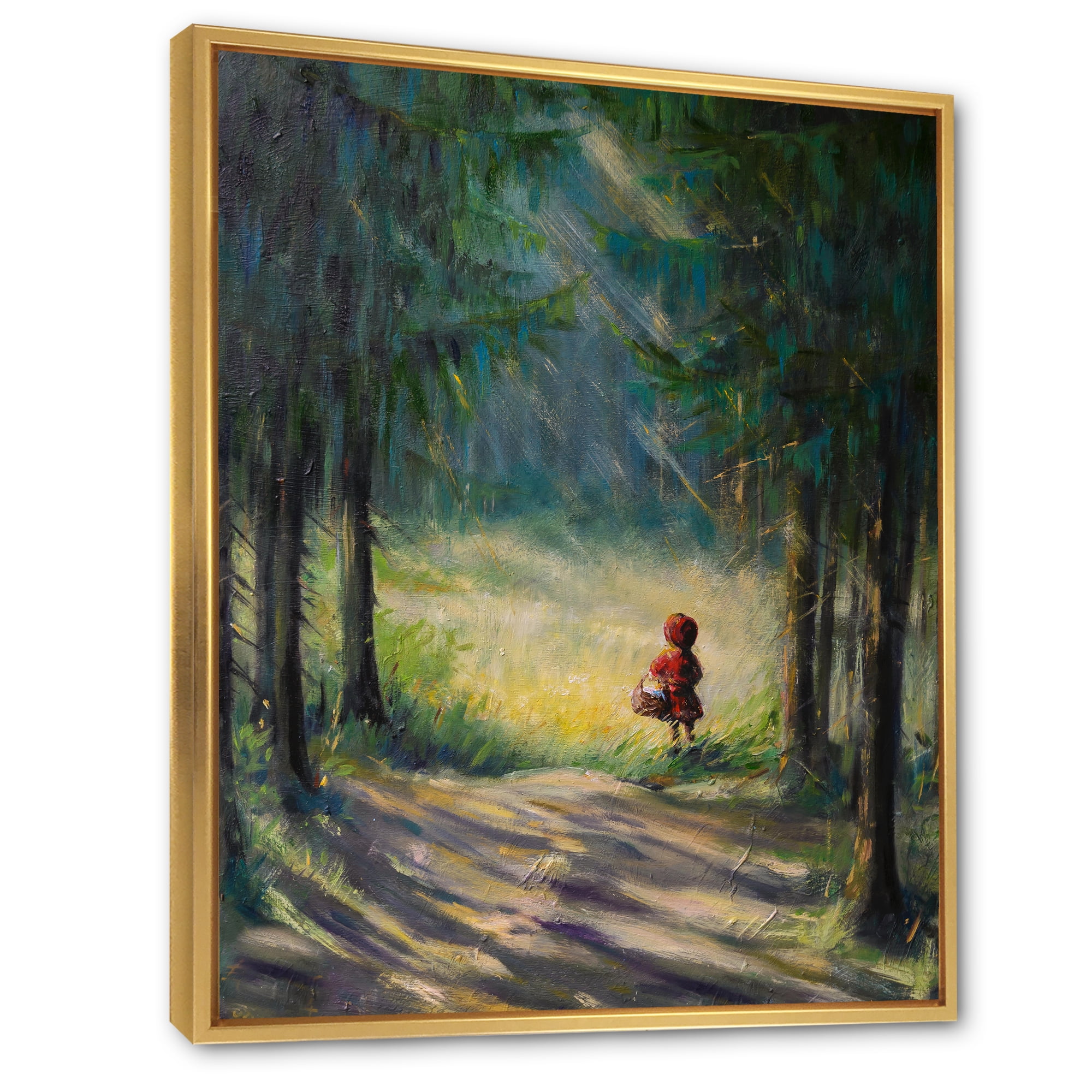 Designart 'Little Red Kid Riding Hood In The Woods' Traditional Framed Canvas Wall Art Print