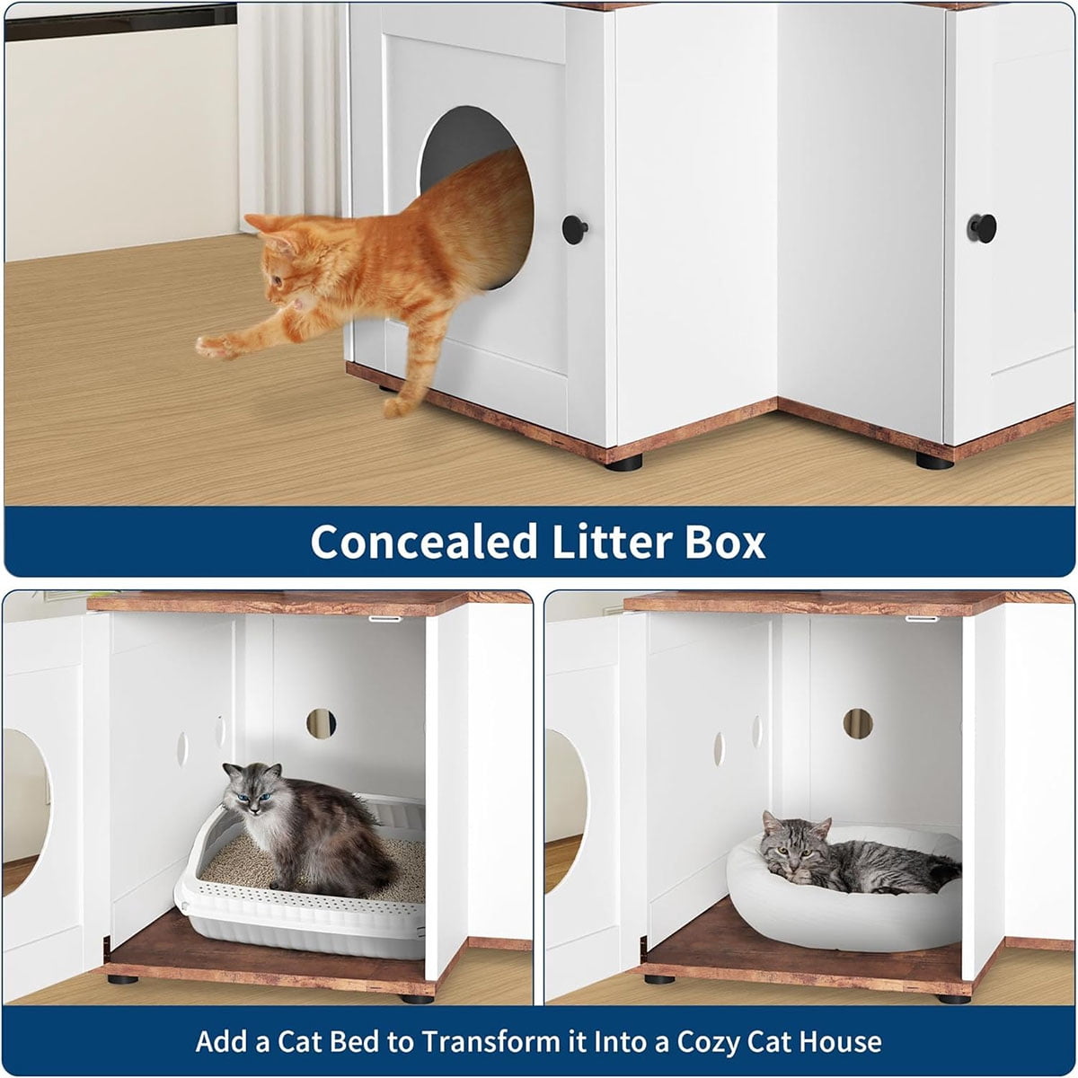 Danolapsi Cat Tree Litter Box Enclosure with Hidden Litterbox, Wood L-Shaped Corner Cat House Pet Furniture with Scratching Post Board Toy Balls and Play AreaLarge Tall Cat Tower for Indoor Cats