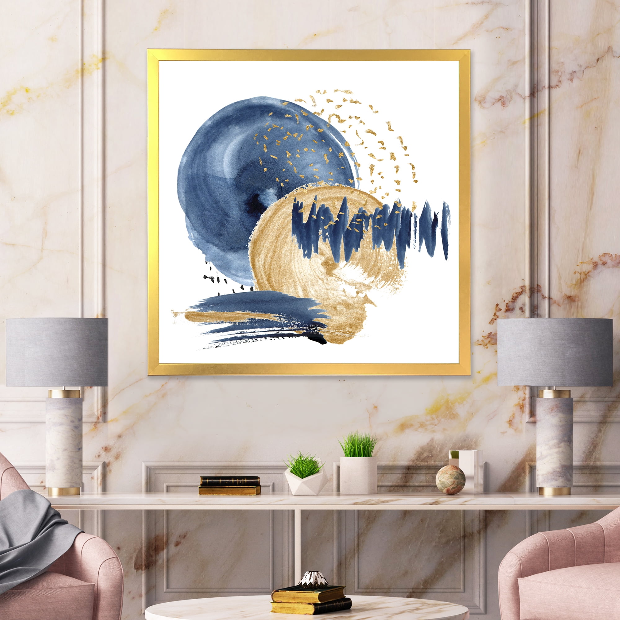 Designart 'Gold and Dark Blue Abstract Circle Ocean Texture' Modern Framed Art Print