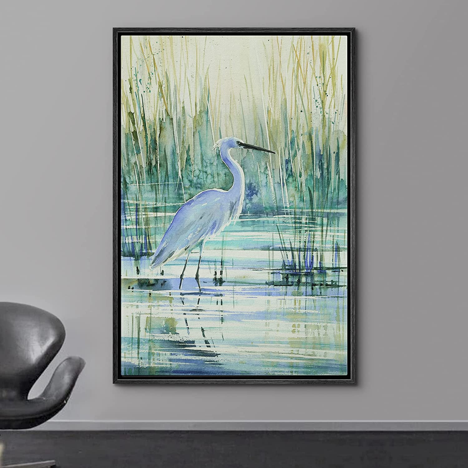 wall26 Framed Canvas Print Wall Art Watercolor Pastel Swamp Crane Bird Nature Wilderness Illustrations Modern Art Decorative Rustic Relax/Calm for Living Room, Bedroom, Office - 24"x36" Bla