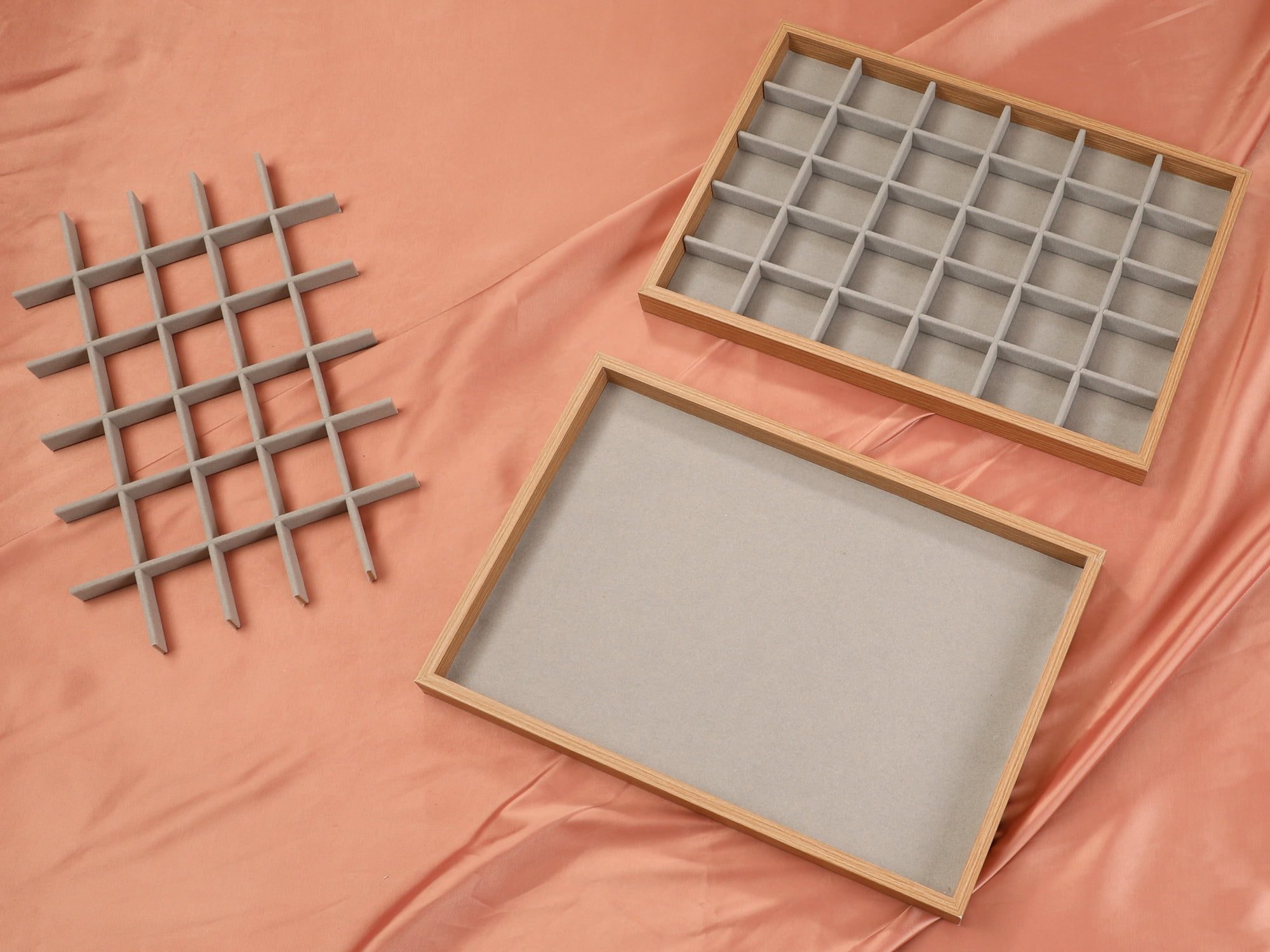 Unique Bargains Set of 2 Wood Jewelry Trays for Drawers Stackable Girls' Jewelry Organizer Light Brown-30 Grid Tray