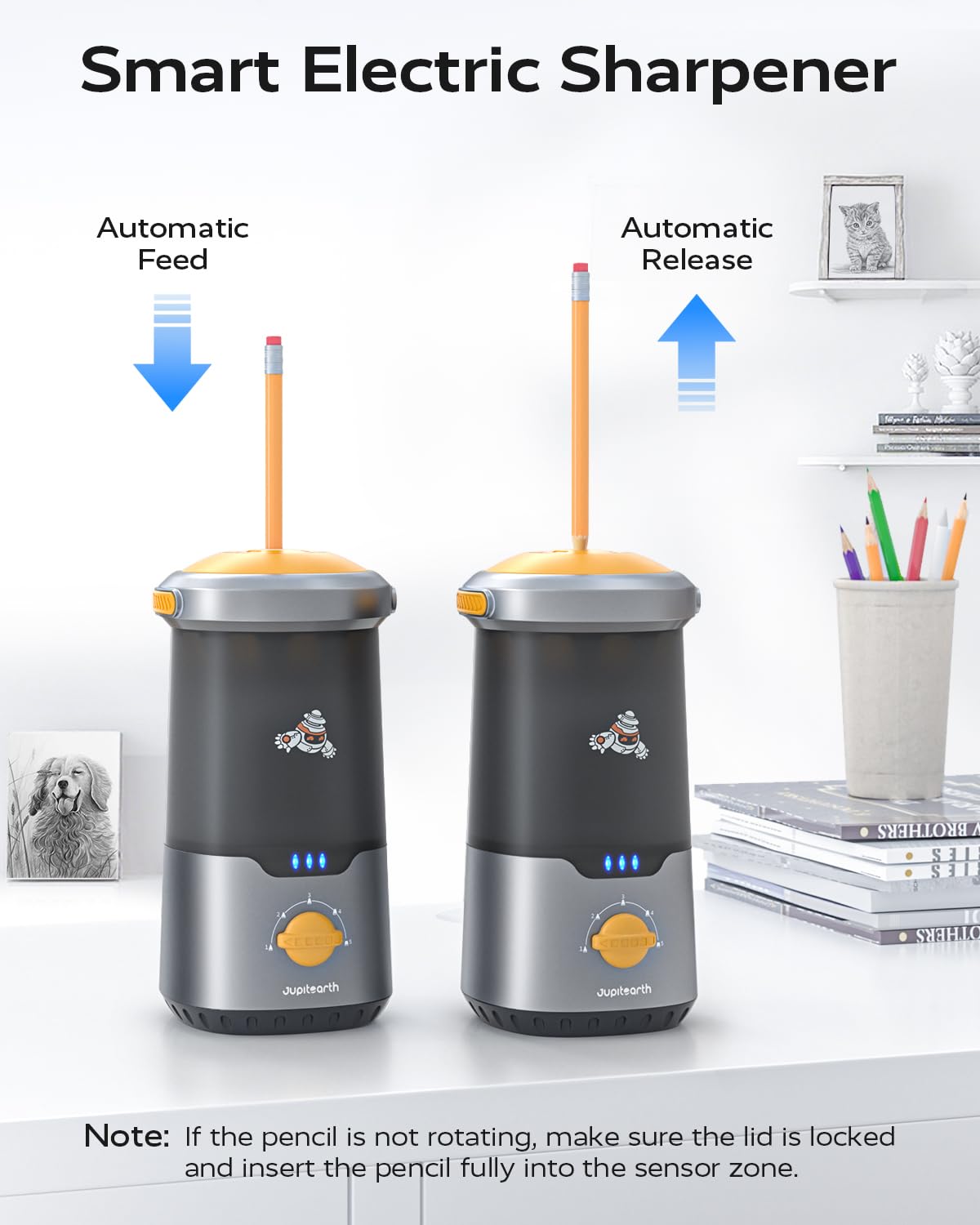 Jupitearth Black Office Supplies/Pencils & Pencil Electric Pencil Sharpeners,Hands-Free,Auto in & Out Spaceship for Home and Office