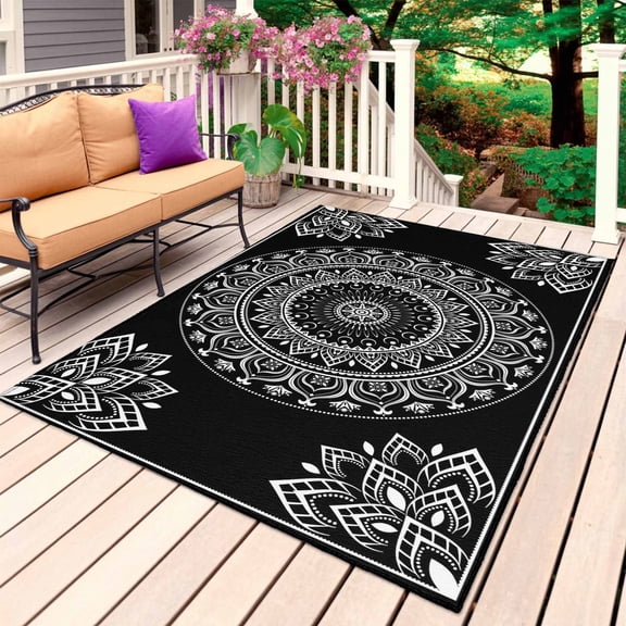 Black Boho Outdoor Rug for Patio/Deck/Porch, Non-Slip Large Area Rug 5 x 7 Ft, Retro Farmhouse Neutral Abstract Geometric Indoor Outdoor Rugs Washable Area Rugs, Reversible Camping Rug Carpet Runner