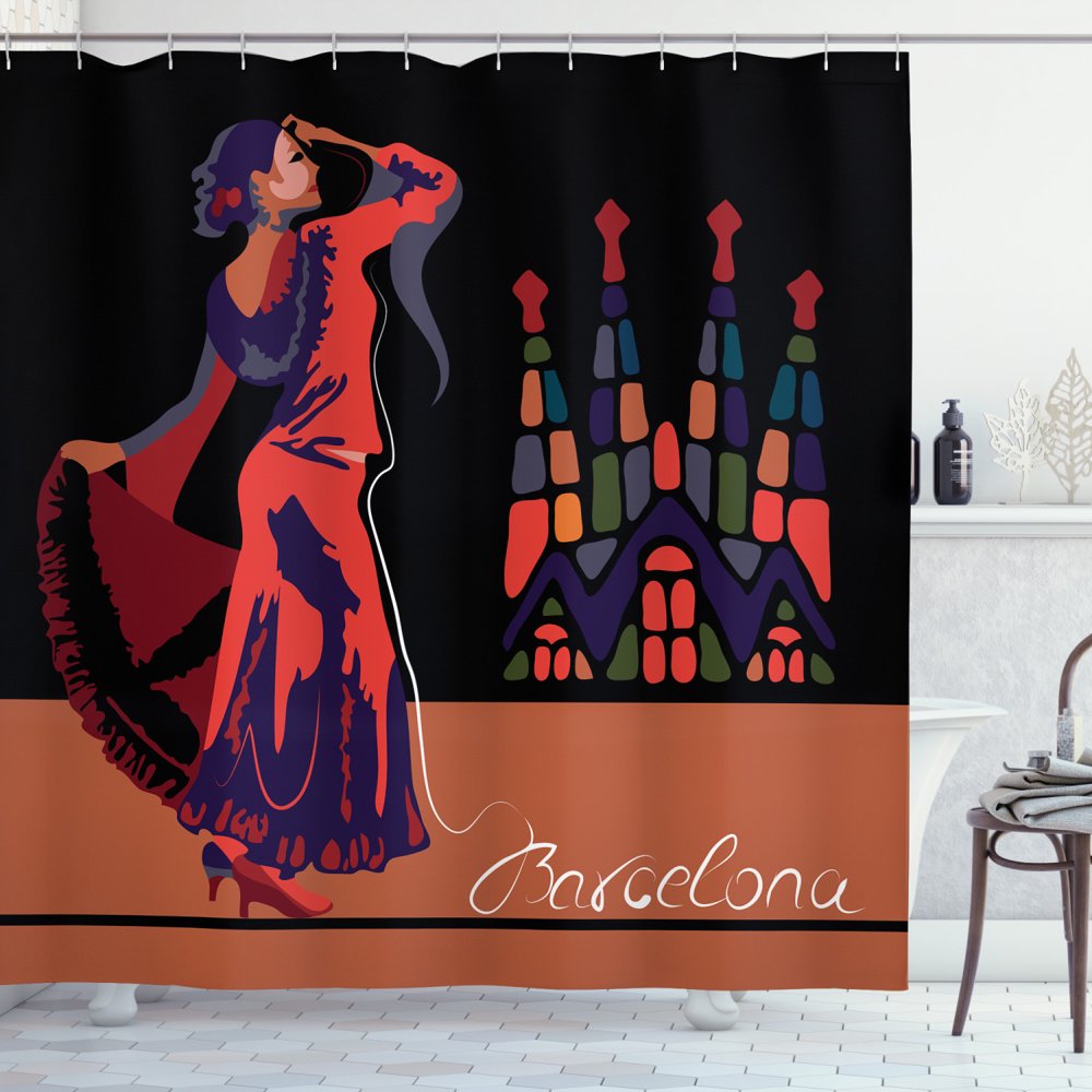 Spanish Shower Curtain, Traditional Dancer Woman in Barcelona City with