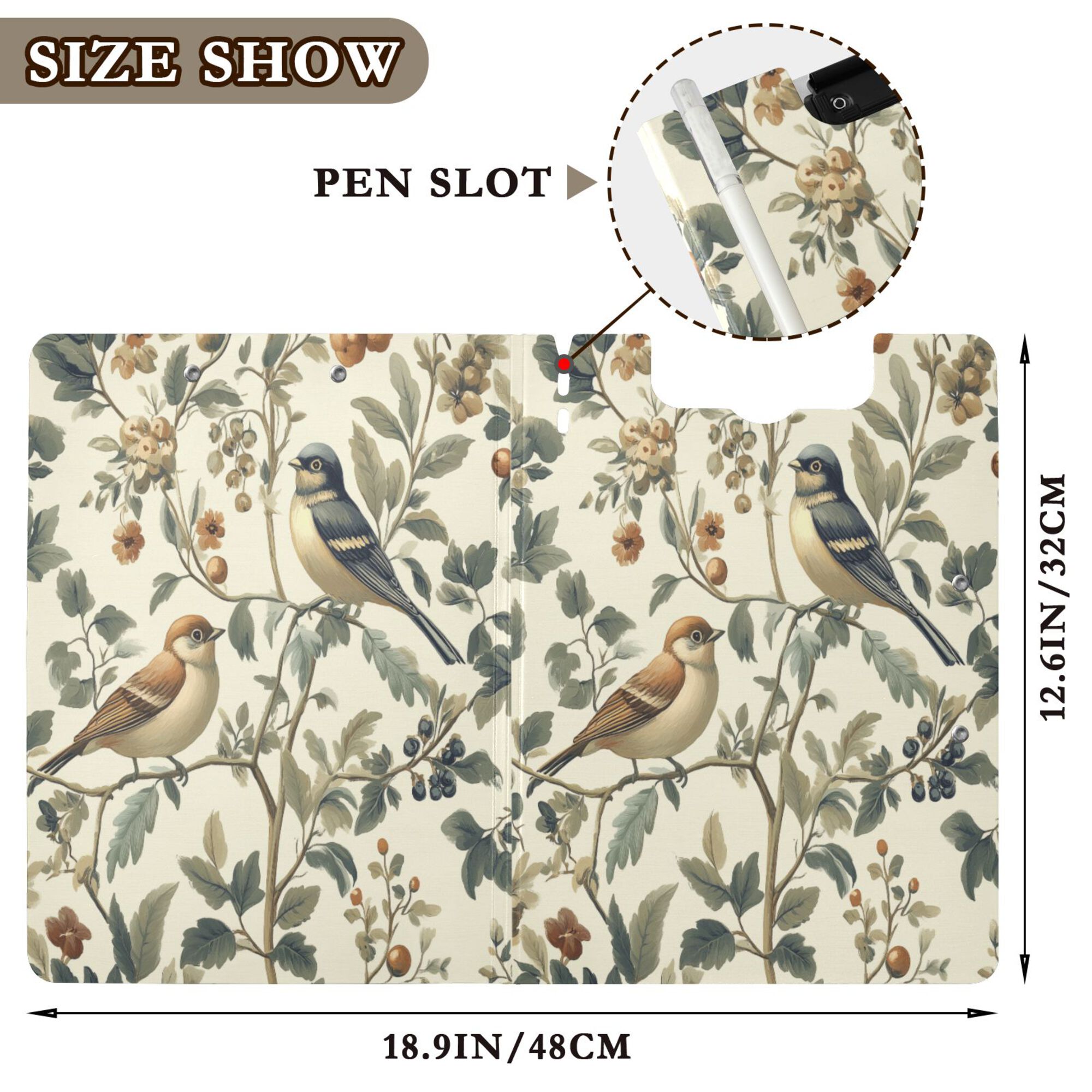 FORMRS A4 Clipboard Folder with Pen Holder Horizontal Foldable School Office Binder, Green Birds