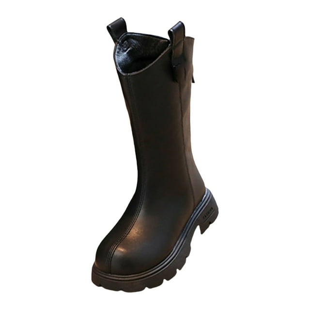 NOKIO Little Girls Riding Boots Mid Calf with Zipper, Leather Round Toe High Booties Non Slip Thick Sole, Comfortable Style Footwear Water-proof