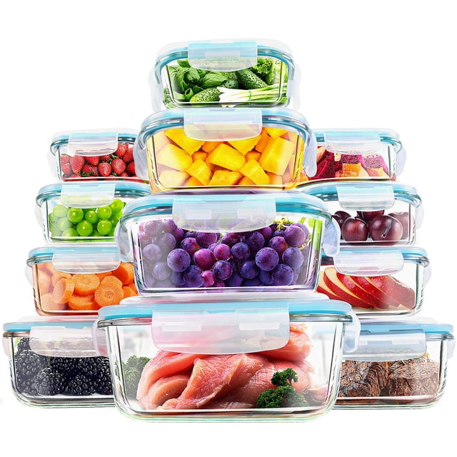 KICHLY Glass Container for Food Storage with Lids, 24pcs, 12 Airtight Lids and Meal Prep Containers, Pantry Organizers, Freezer t