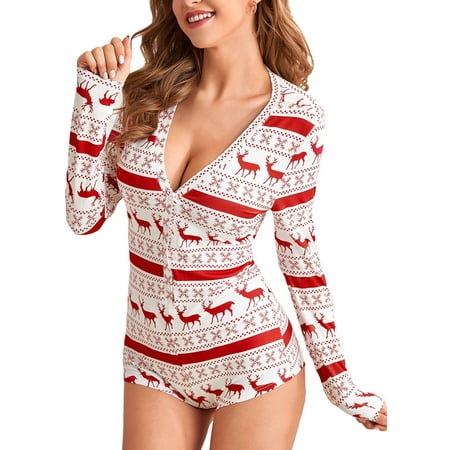 

JBEELATE Women Christmas Printed Pattern Red Pajamas Long Sleeve Bodycon Slim Playsuit Red Sleepwear