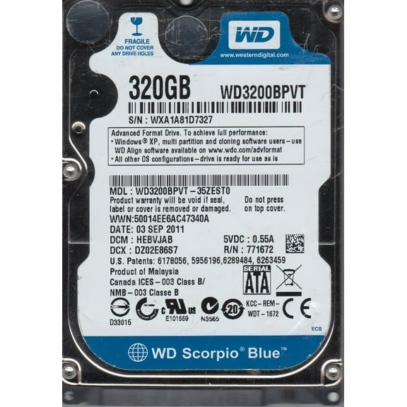 WD3200BPVT-35ZEST0, DCM HEBVJAB, Western Digital 320GB SATA 2.5 Hard Drive