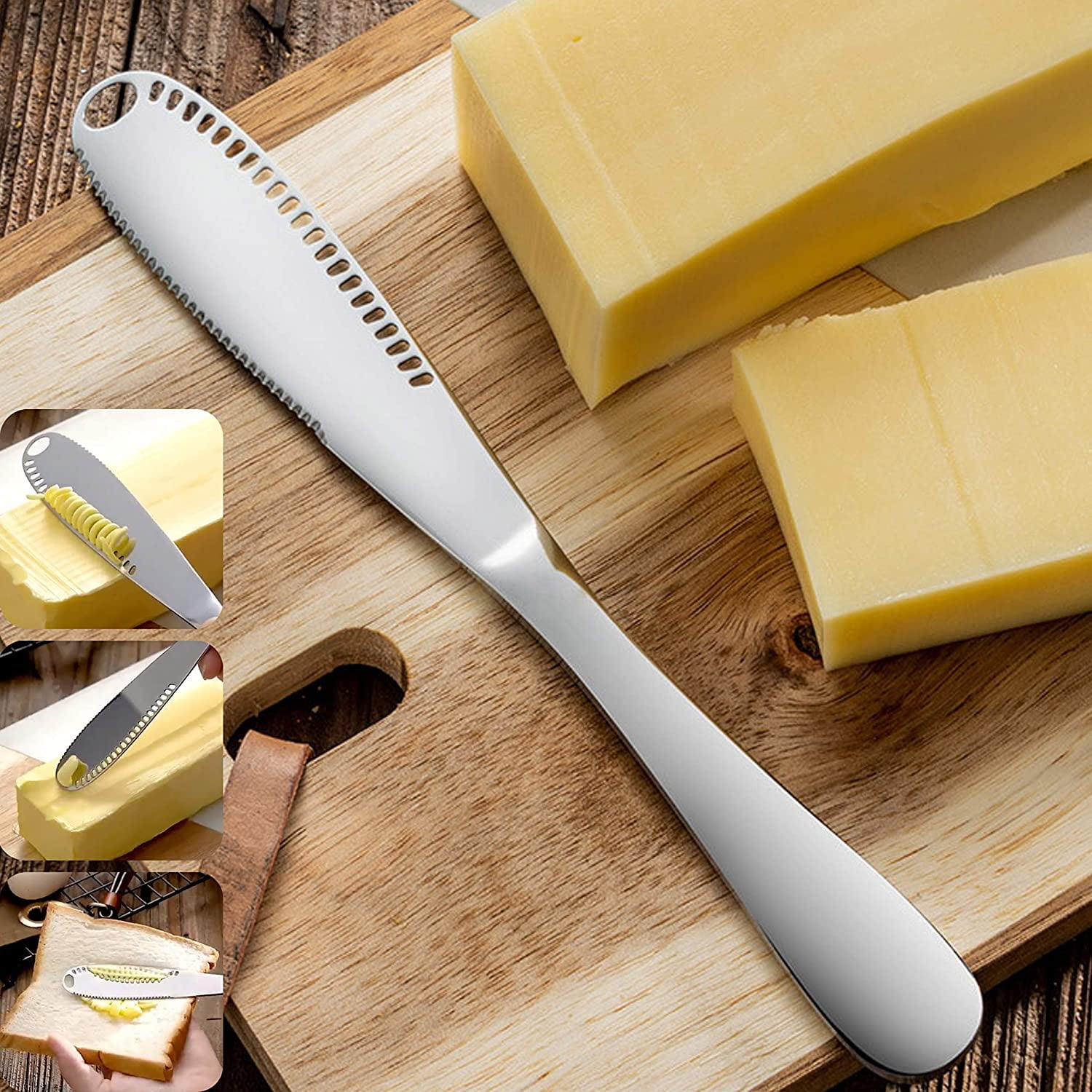 silver-A Butter Spreader Multiuse with Stainless Steel Serrated Edge Shredding Slots Easy to Hold for Bread Butter Cheese Jam Spreader Knife 