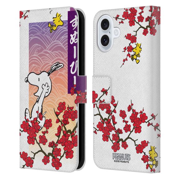 Head Case Designs Officially Licensed Peanuts Oriental Snoopy Cherry Blossoms 2 Leather Book Wallet Case Cover Compatible with Apple iPhone 16 Plus
