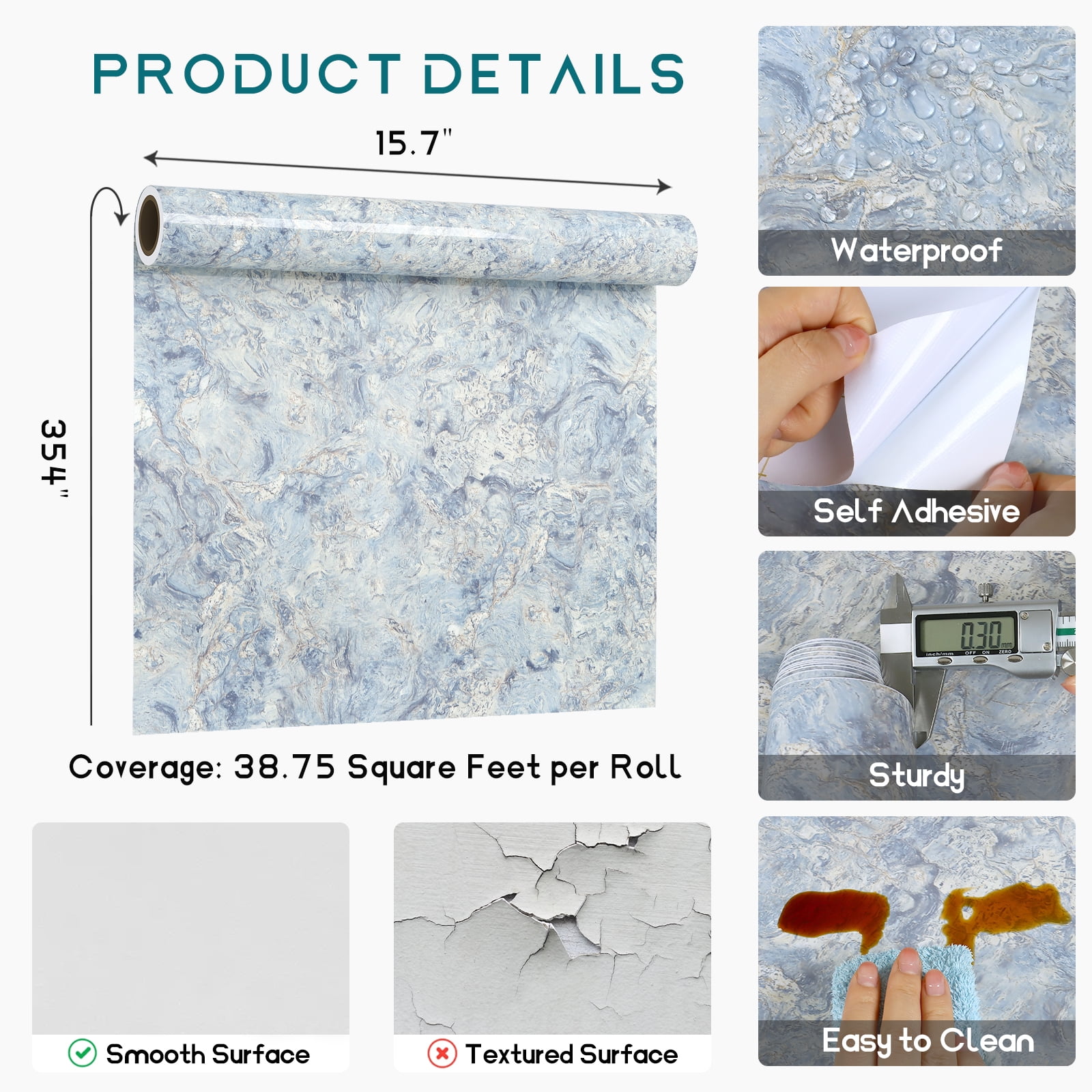 VEELIKE Glossy Cream Blue Marble Countertop Contact Paper Waterproof Kitchen Countertop Peel and Stick Granite Contact Paper for Countertops 15.7''x354'' Removable Marble Wallpaper for Walls Cabinets