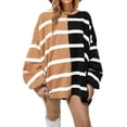 thumbnail image 1 of ORUYROP Pull Rayé pour Femmes Col Rond Manches Longues Tricoté Bloc de Couleur Décontracté Léger, 1-Marron, Large, 1 of 6