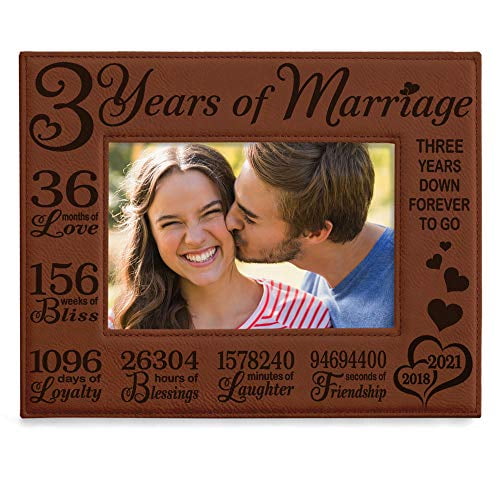3rd Wedding Anniversary Leather Picture Frame - Engraved "3 Years" With Date - 5x7 Vertical Photo Frame (Leatherette)