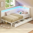 thumbnail image 4 of Mabor Twin Size Corner Bed Frame with 2 Storage Drawers and Charging Station,L-Shaped Daybed with Line Fabric Upholstered Fence,Platform Corner Bed with Led Lights,Beige, 4 of 9