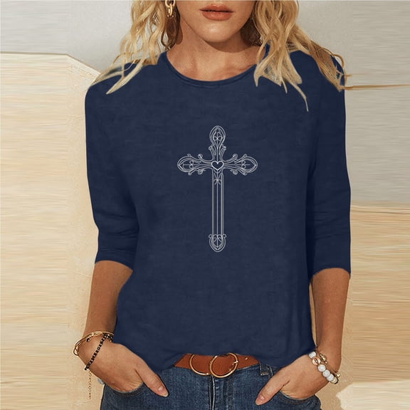 Frnrwgo 3/4 Length Sleeve Womens Tops Crewneck Fashion Pullover Cozy Slim Fit Graphic T-shirt for Spring